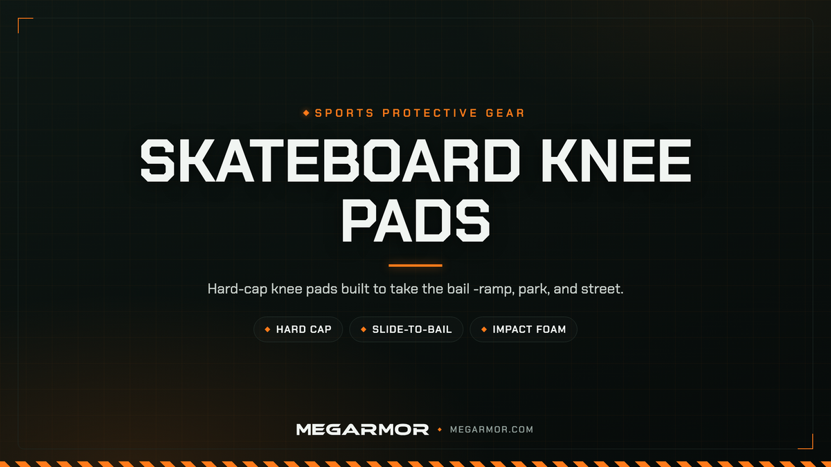 Megarmor skateboard knee pads collection banner — hard-cap pads with impact foam for ramp, park, and street