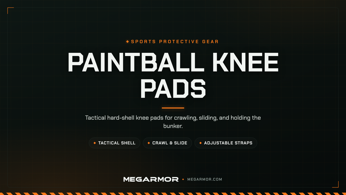 Megarmor paintball knee pads banner — tactical hard-shell pads for crawling, sliding, and kneeling on rough terrain