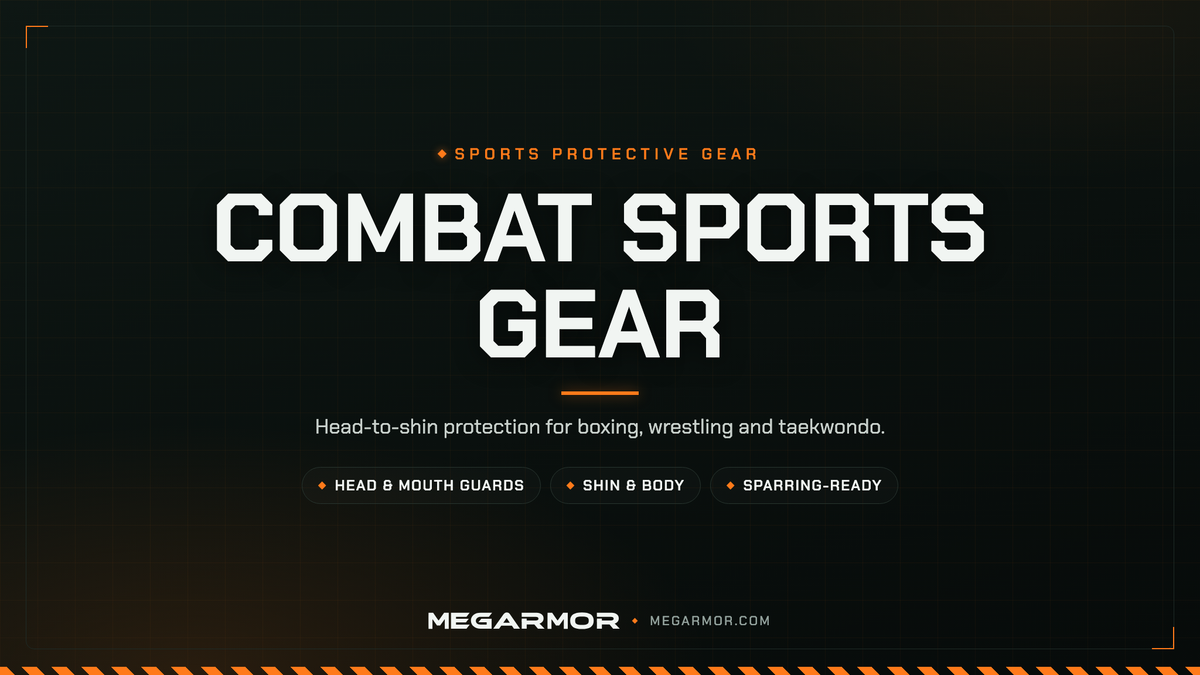 Megarmor combat sports protective gear banner — headgear, mouthguards and guards for boxing, wrestling and taekwondo