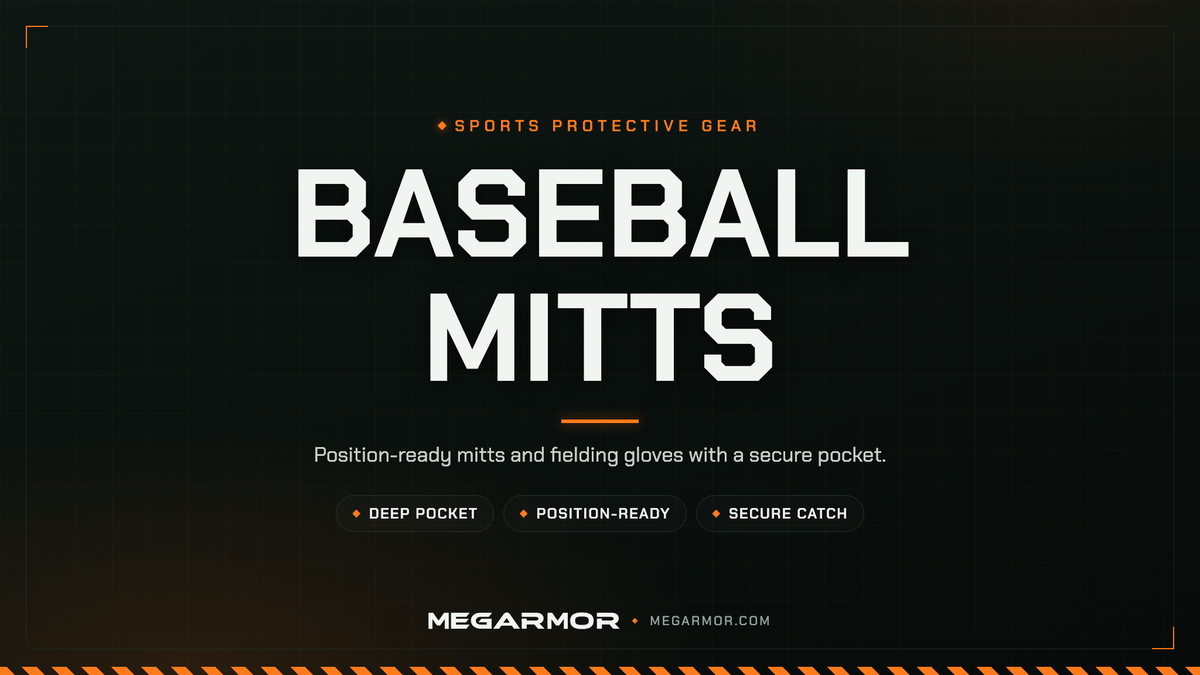 Megarmor baseball mitts collection banner — catcher's mitt, first base mitt, and infield and outfield fielding gloves