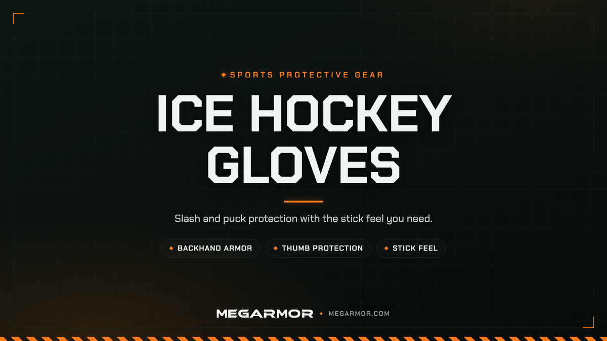 Megarmor ice hockey gloves collection banner — backhand and thumb protection with stick feel for players