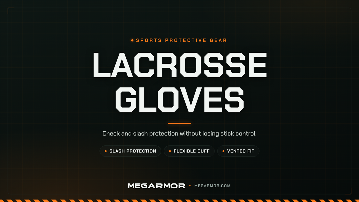 Megarmor lacrosse gloves collection banner — slash protection and a flexible cuff with stick control