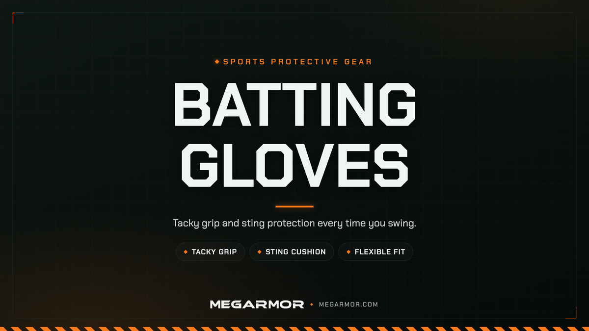 Megarmor batting gloves collection banner — tacky-grip palm and sting cushioning for baseball and softball hitters