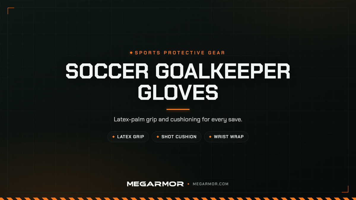 Megarmor soccer goalkeeper gloves collection banner — latex-palm grip and cushioning for keepers on grass and turf