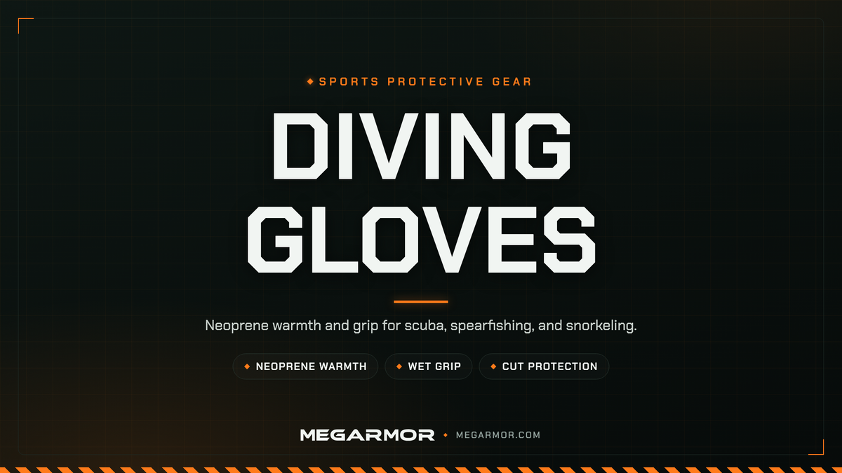 Megarmor diving gloves collection banner — neoprene warmth, grip, and cut protection for scuba diving and spearfishing